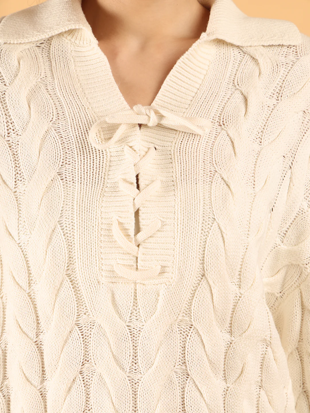 Women Off-White Cable Knit Sweater with Laces - Image 5