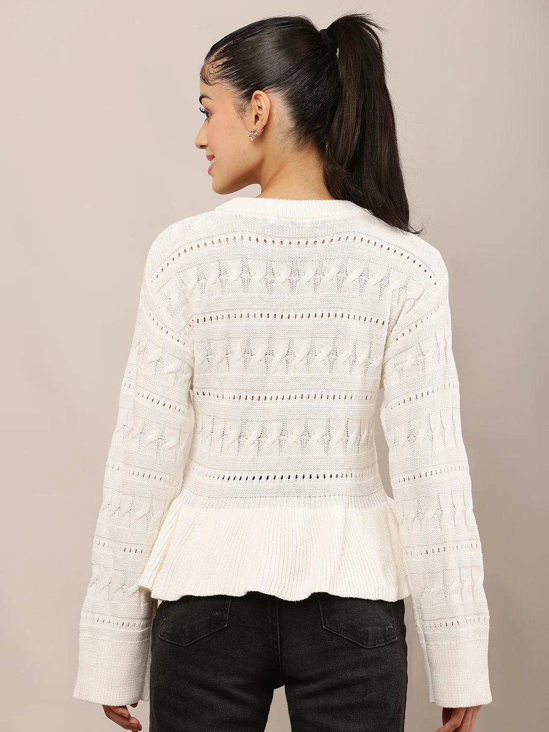 Women Off-White Cotton Knit Peplum Sweater - Image 4