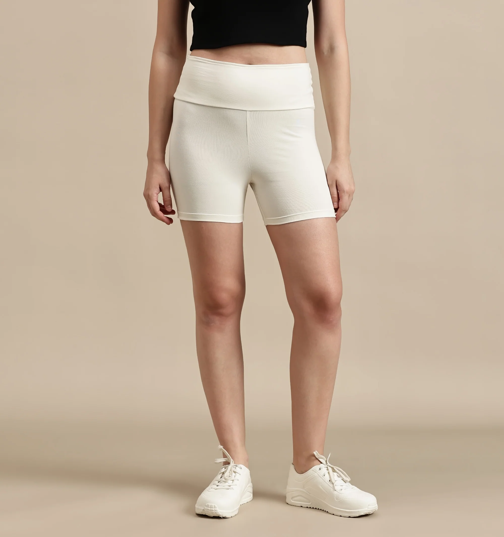 Women Off White Cotton Lycra Short