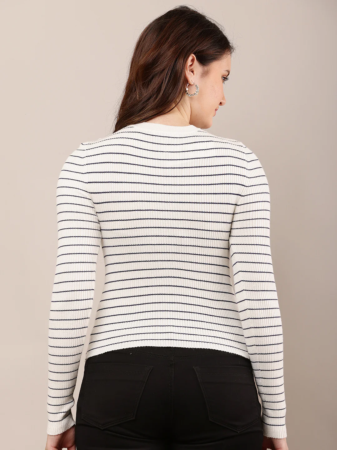 Women Off-White Striped Round Neck Sweater - Image 4
