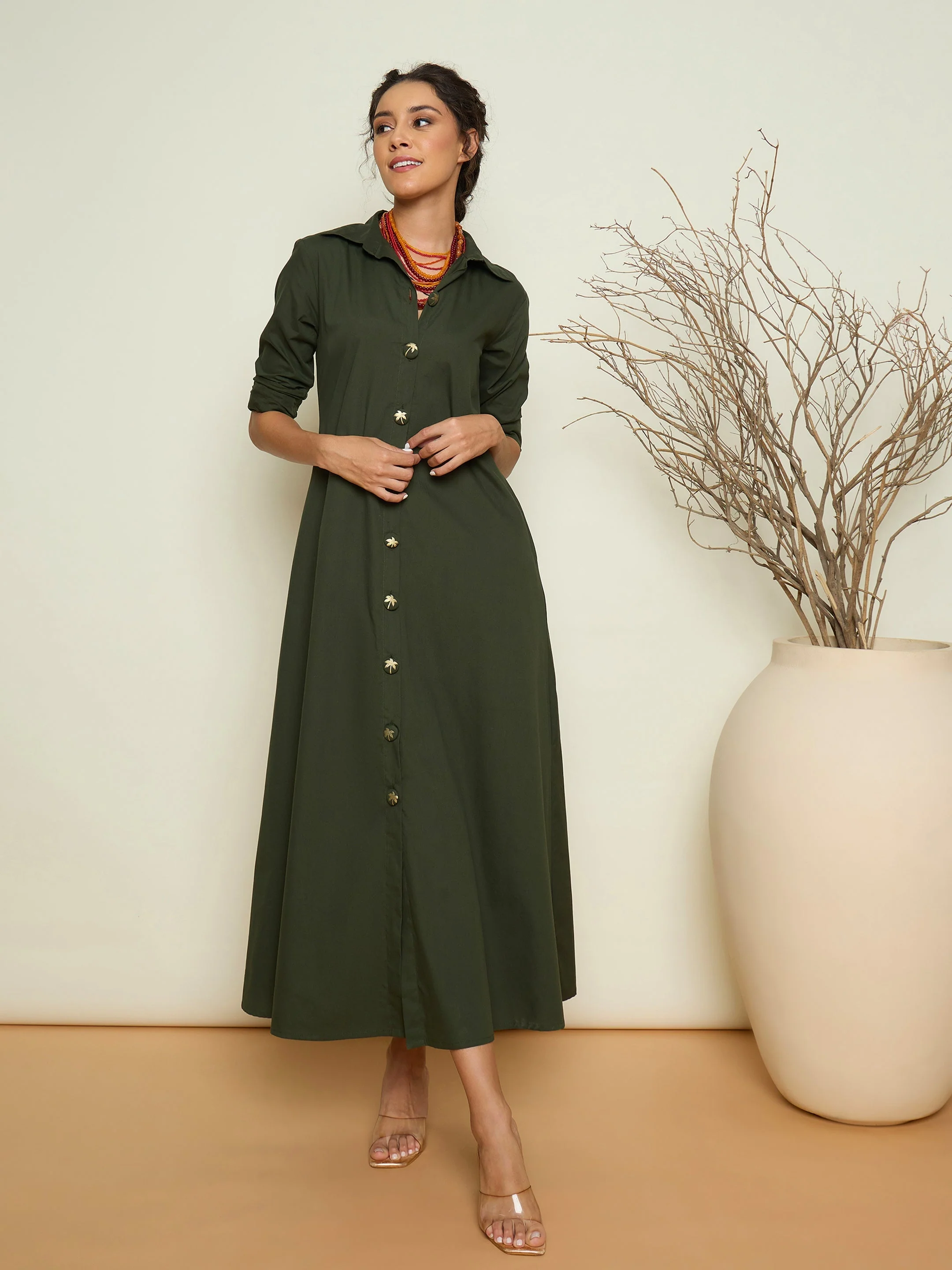 Women Olive Foil Printed Longline Shirt Dress