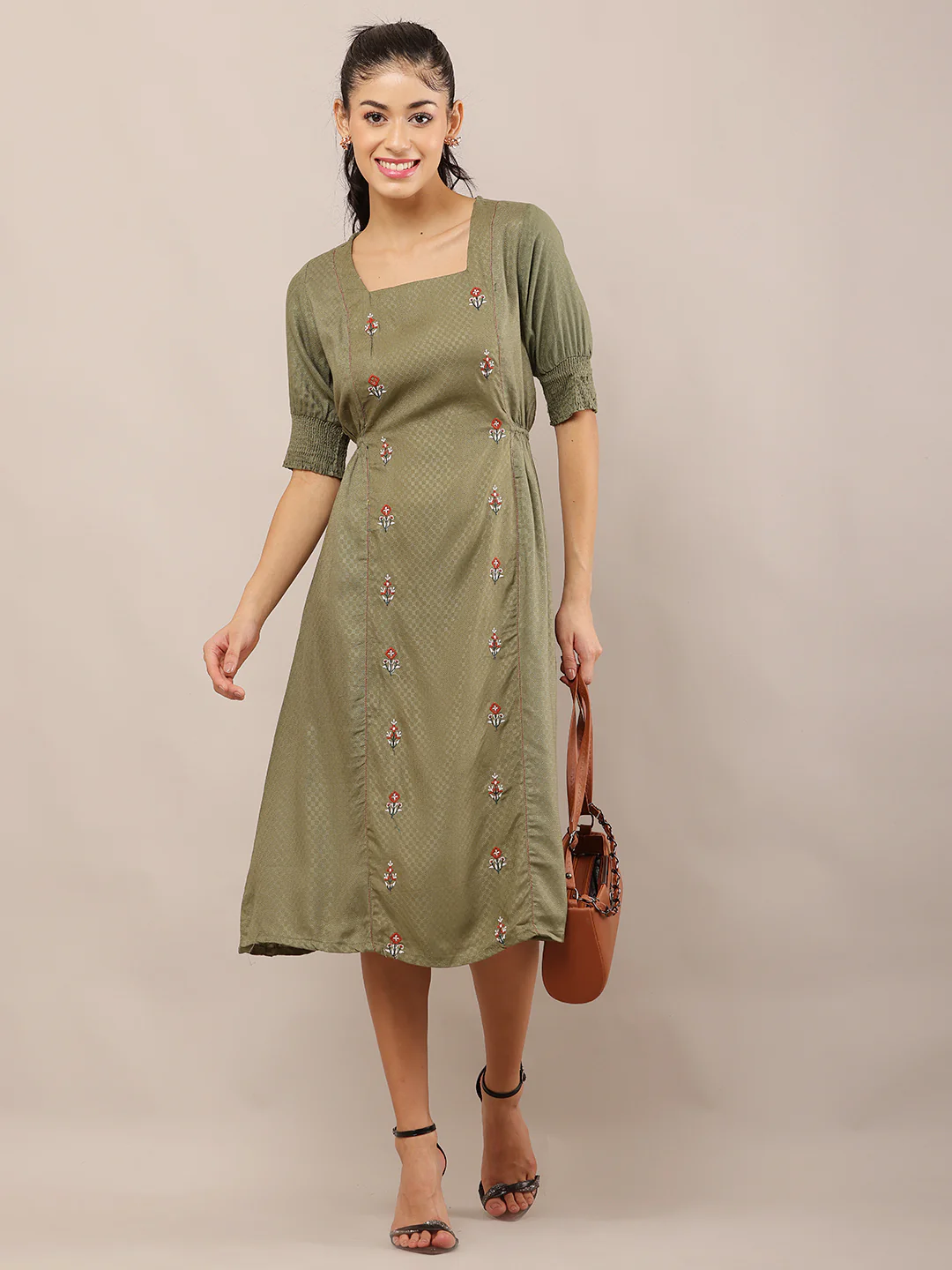 Women Olive Green Embroidered Viscose Midi Dress - Image 3