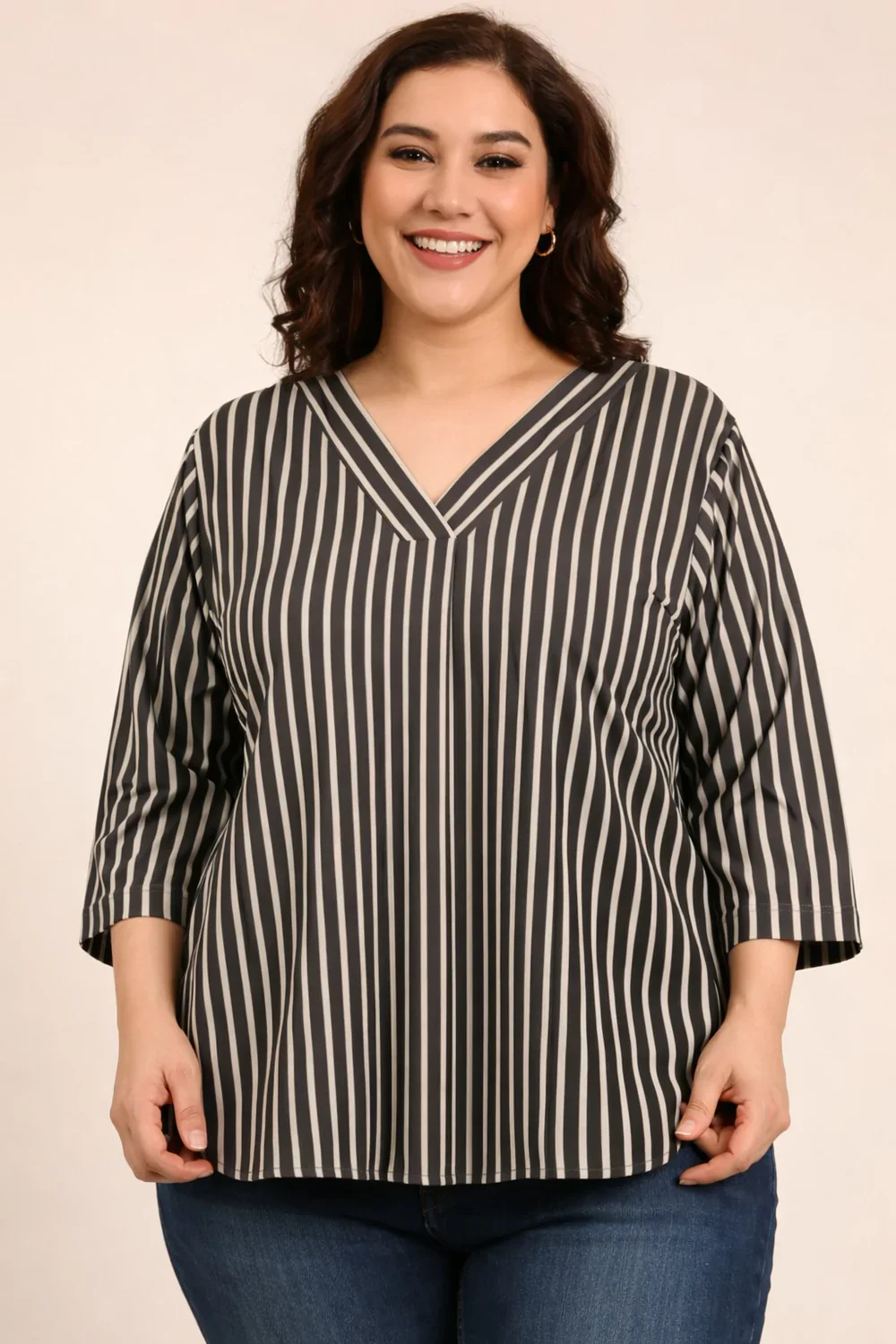 Women Olive Striped V-Neck Top