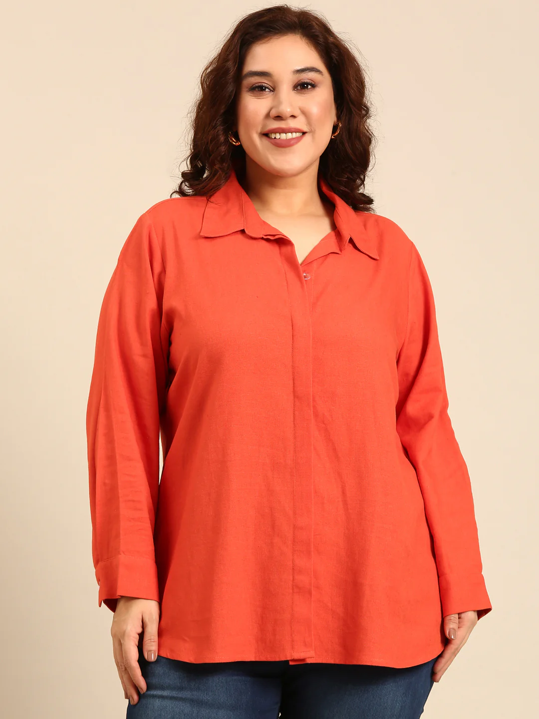 Women Orange Button Down Shirt