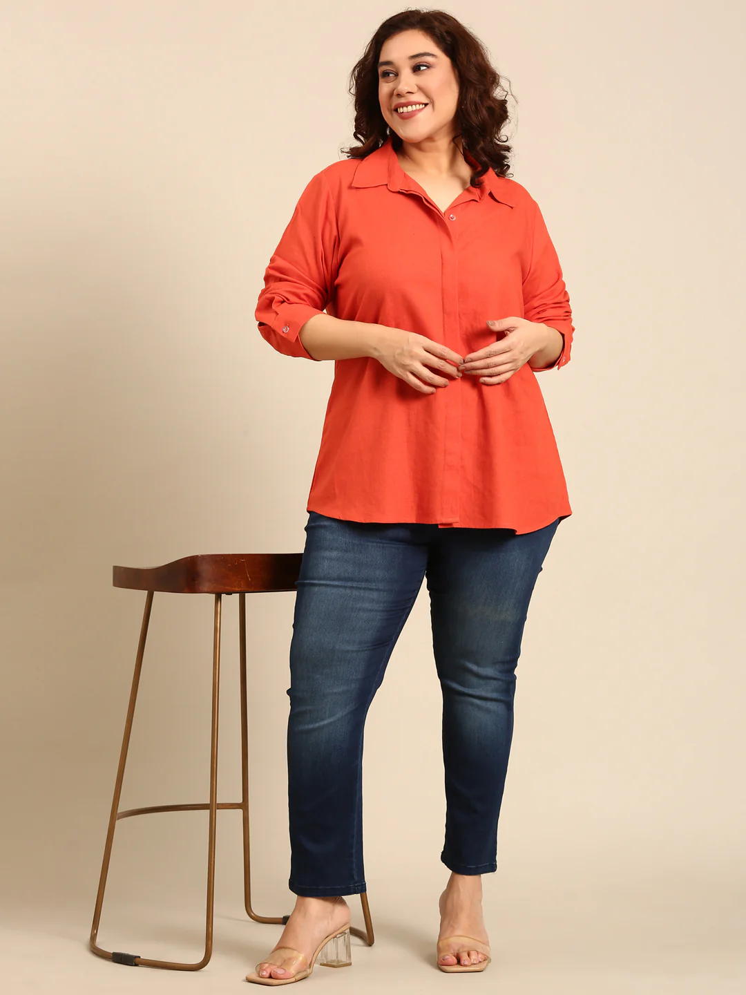 Women Orange Button Down Shirt - Image 7
