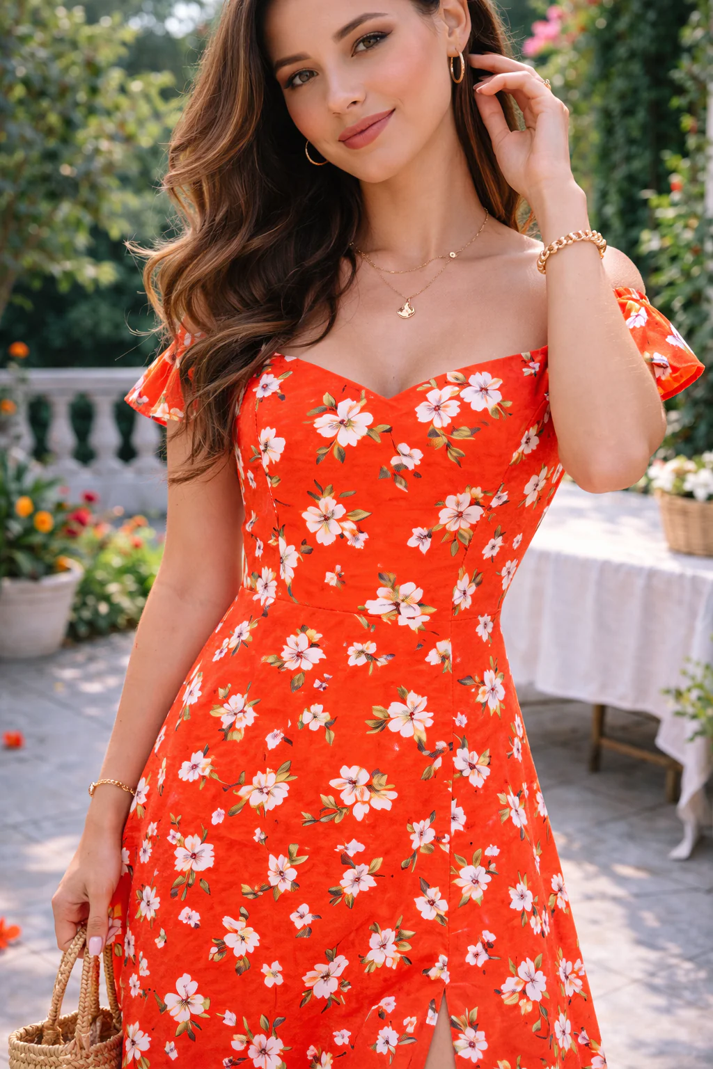 Women Orange Floral Off-Shoulder Midi Dress - Image 3