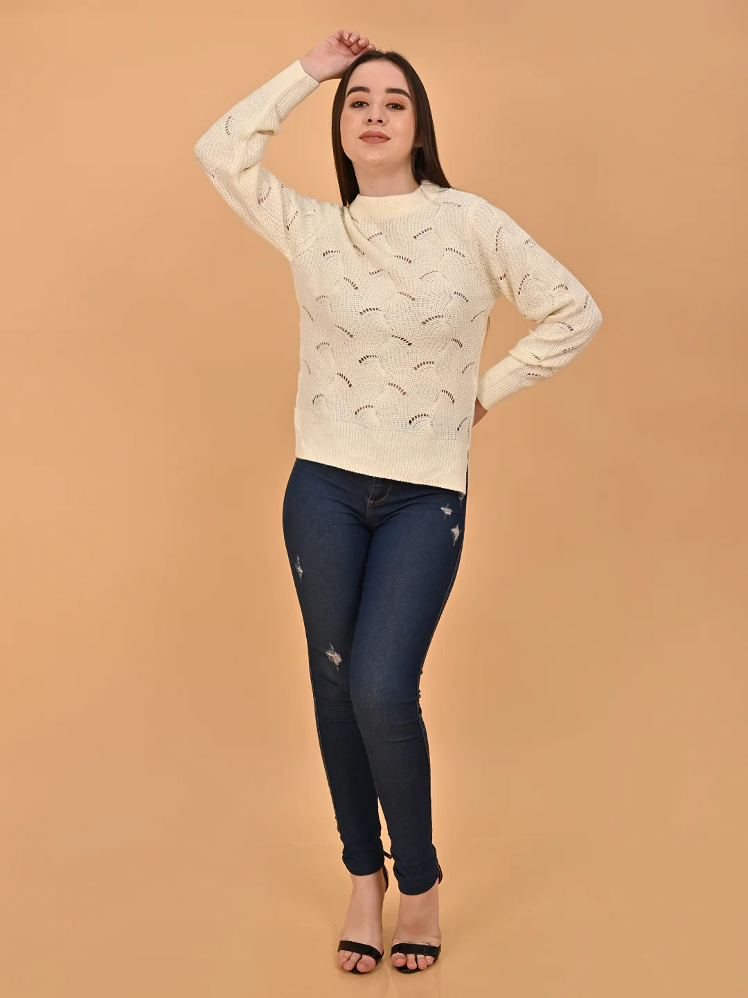 Women Orange Hollow Out Knit Sweater - Image 3