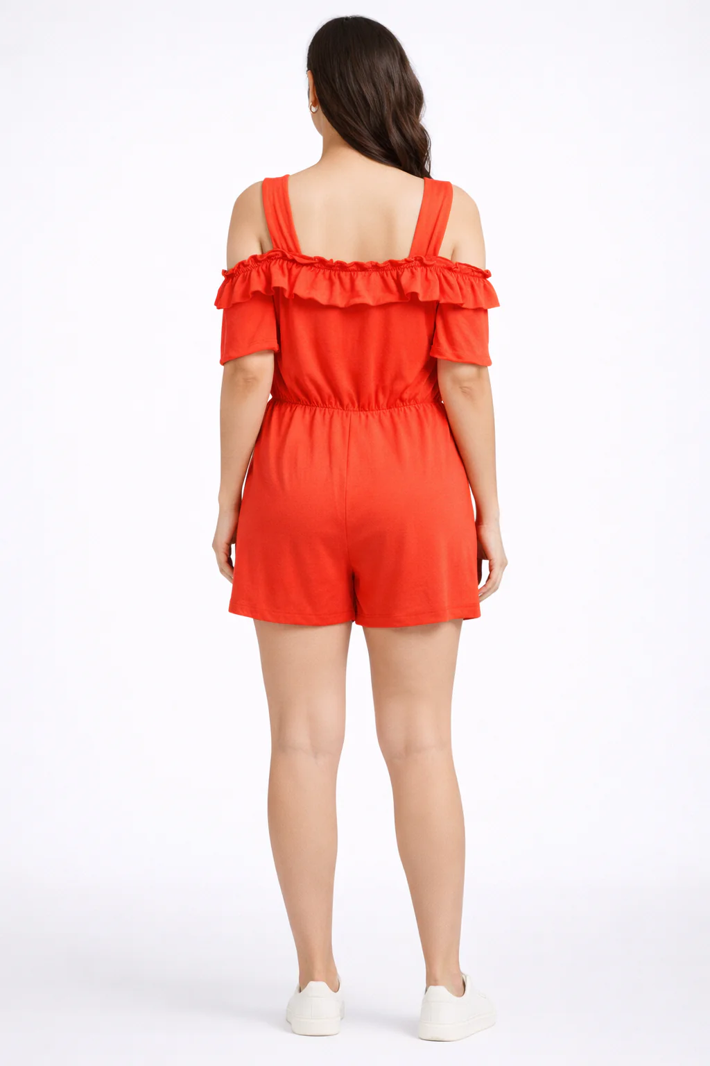 Women Orange Off Shoulder Ruffle Jumpsuit - Image 2