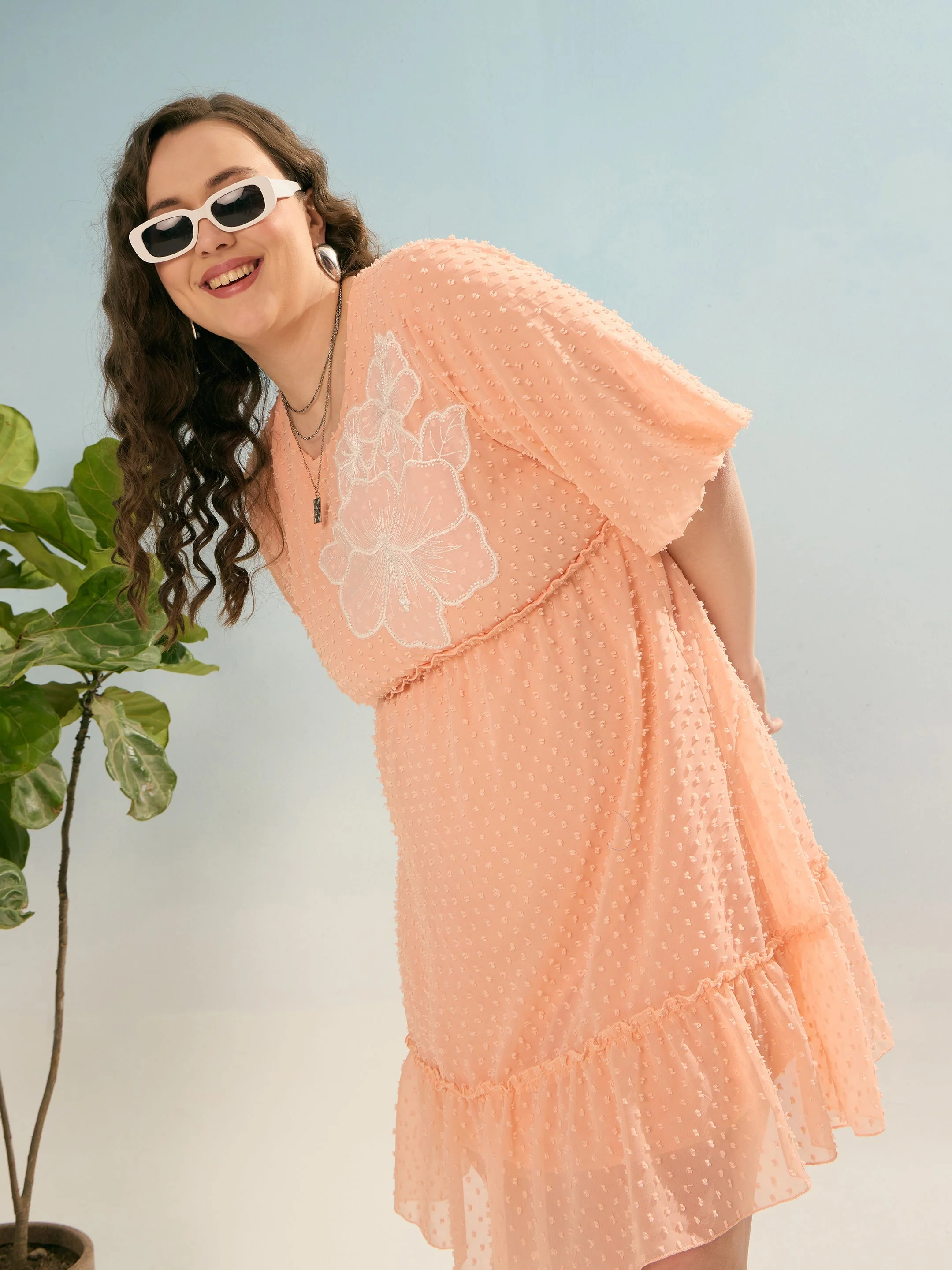 Women Peach Dobby Puff Sleeve Skater Dress