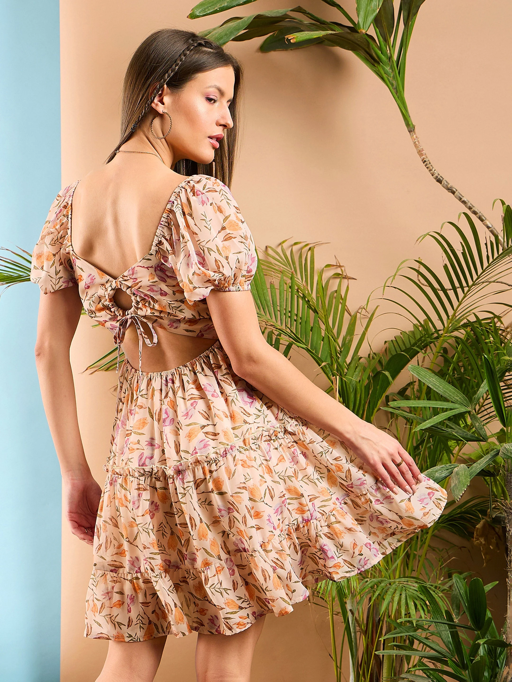 Women Peach Floral Short Skater Dress - Image 2
