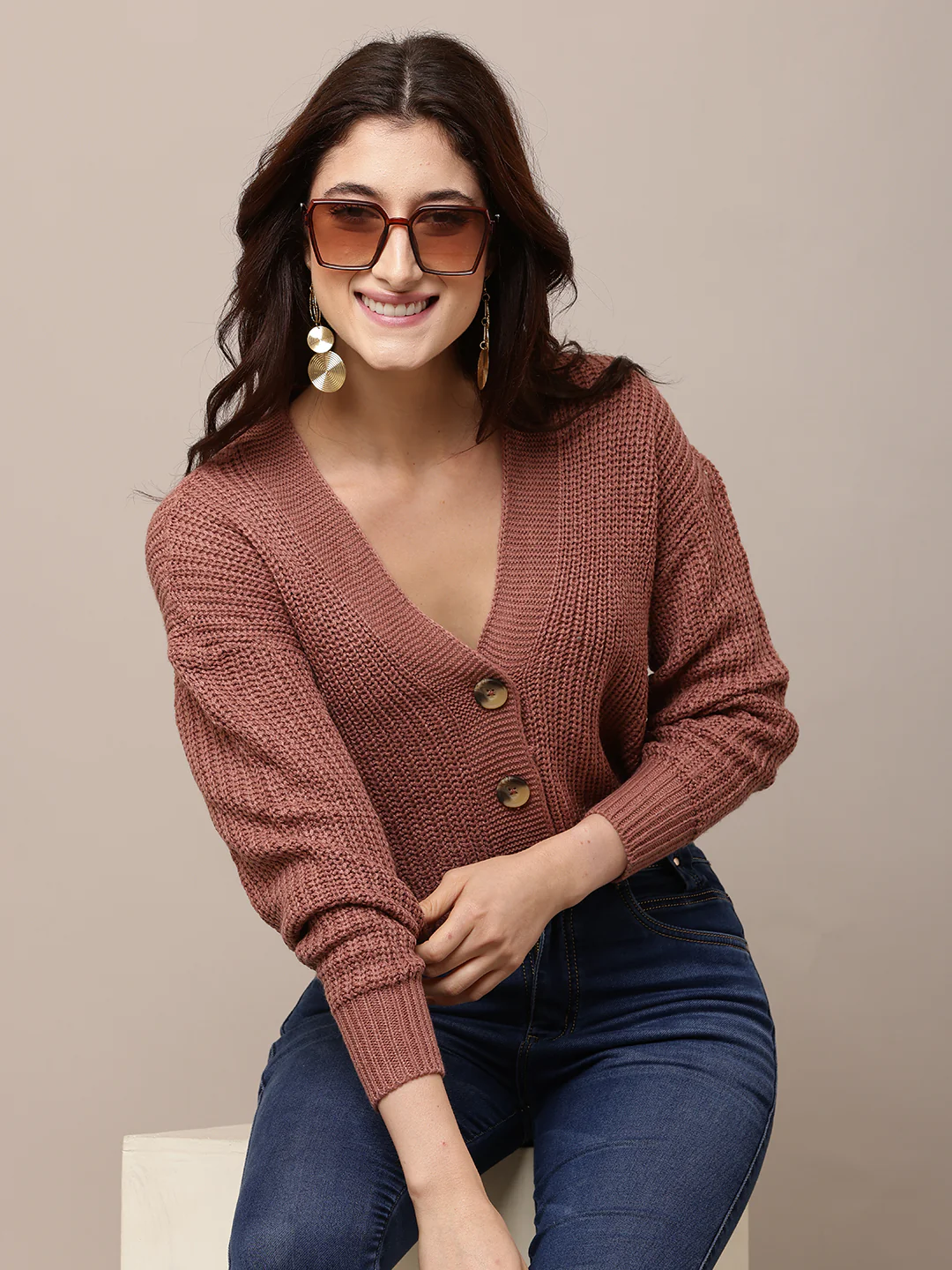 Women Peach V-Neck Acrylic Cardigan
