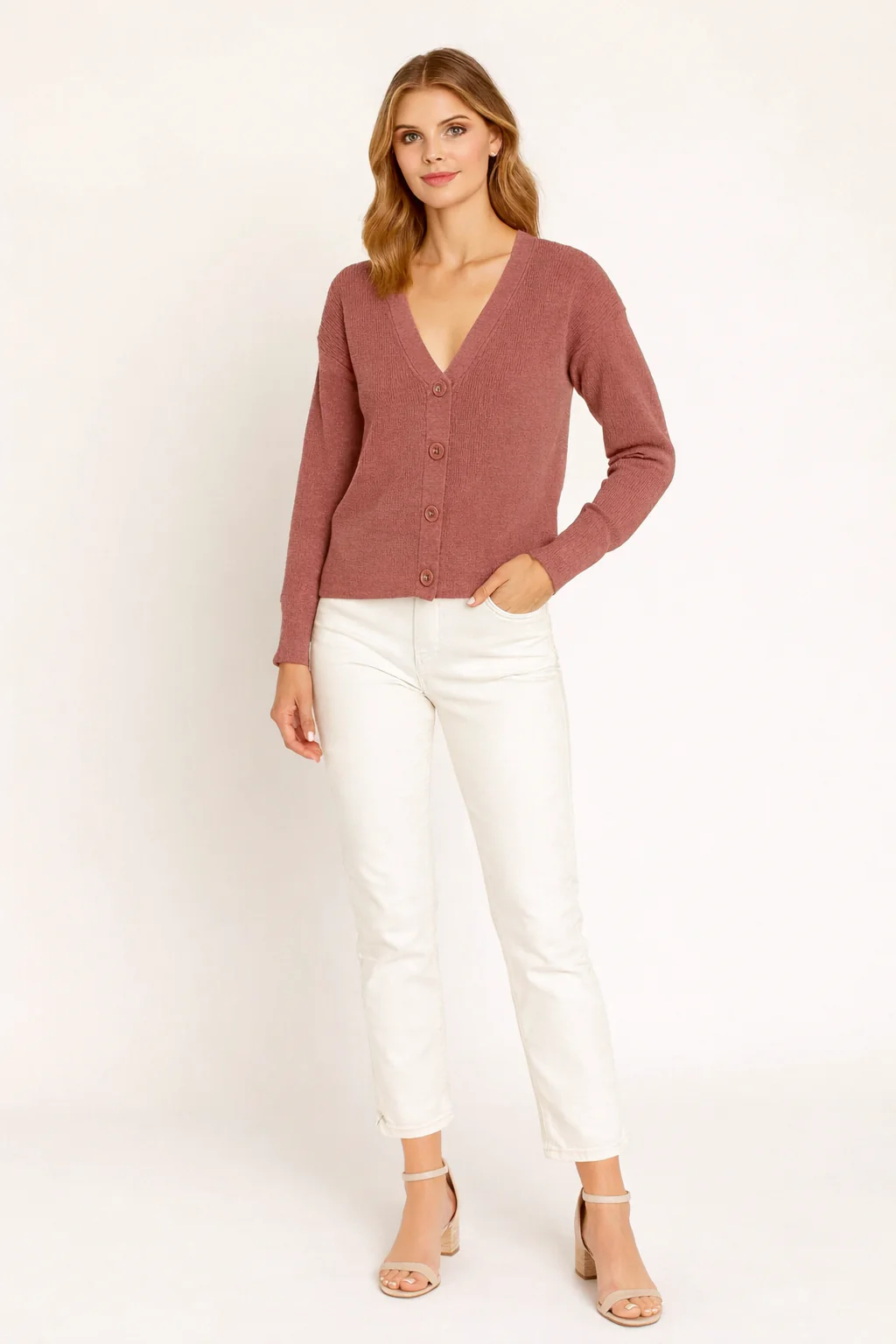Women Peach V-Neck Button Down Sweater - Image 4