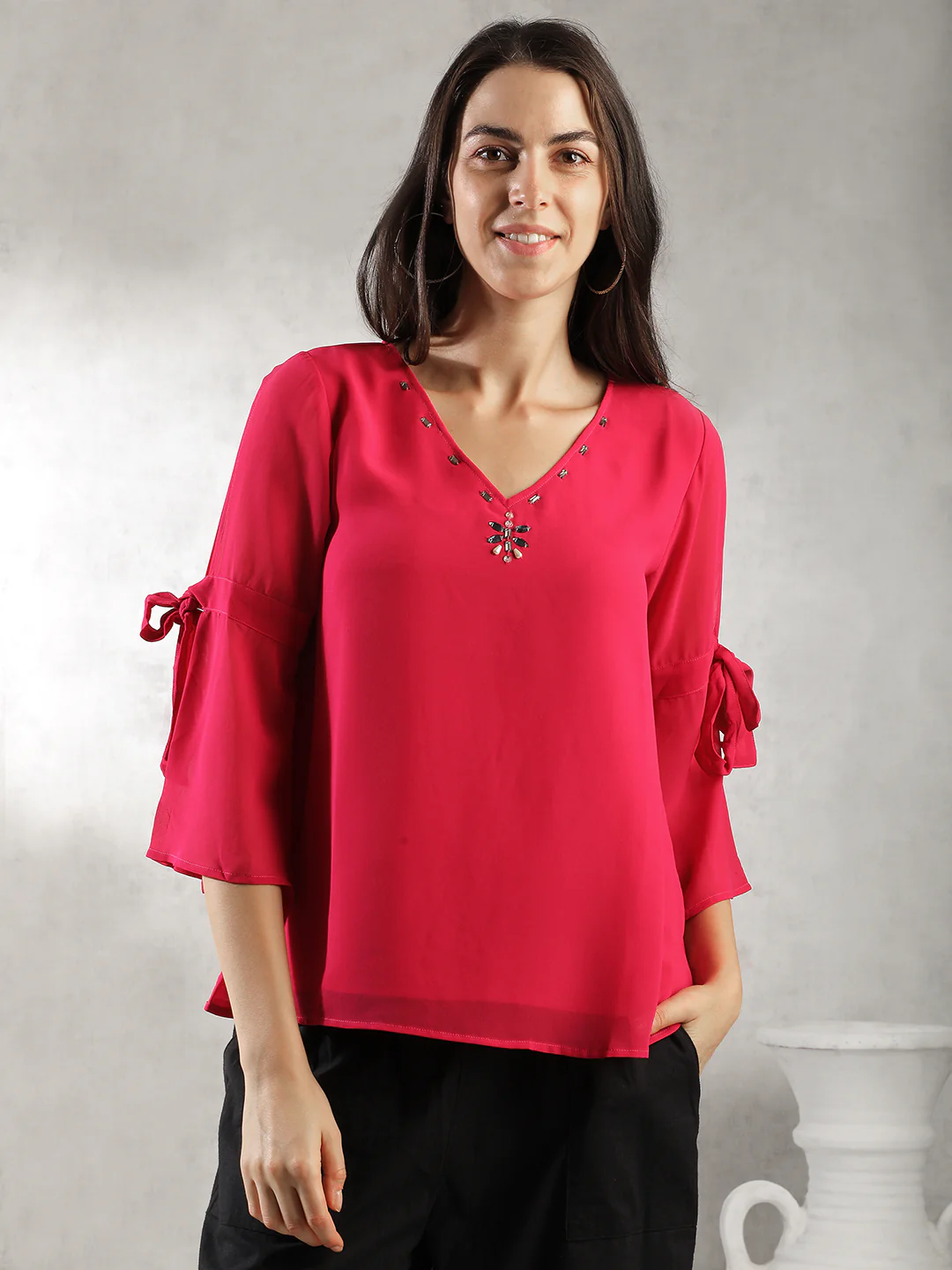 Women Pink A-Line Bell Sleeve Top