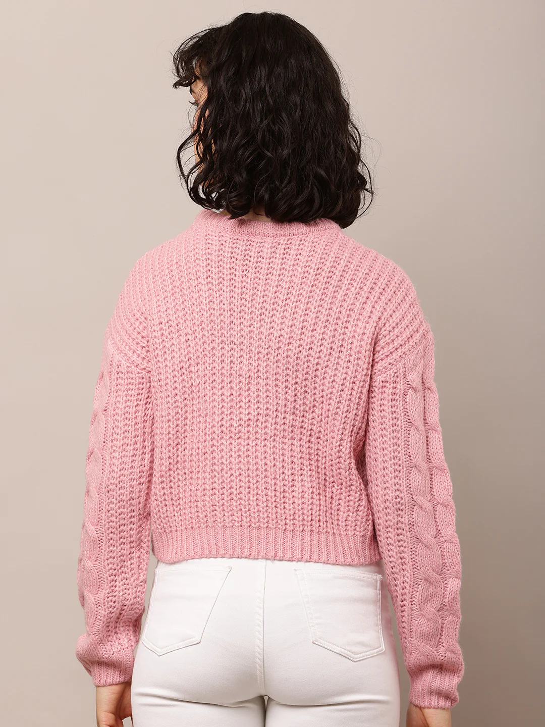 Women Pink Cable Knit Acrylic Sweater - Image 4
