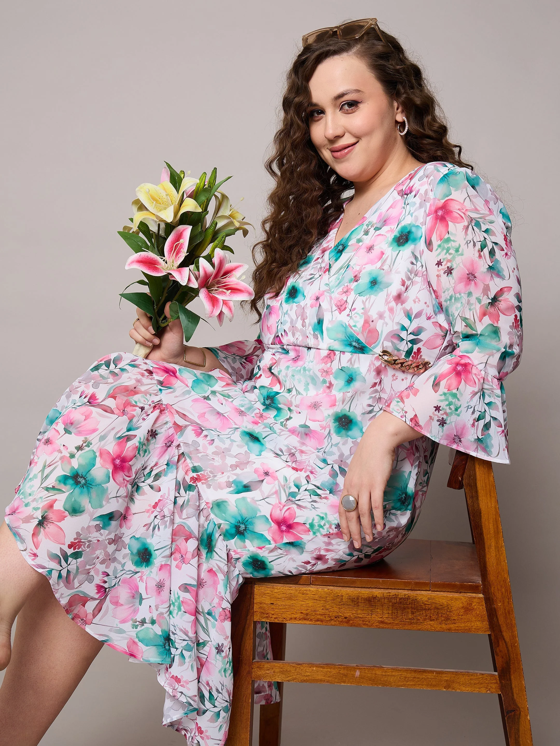 Women Pink Floral Frill Hem Midi Dress