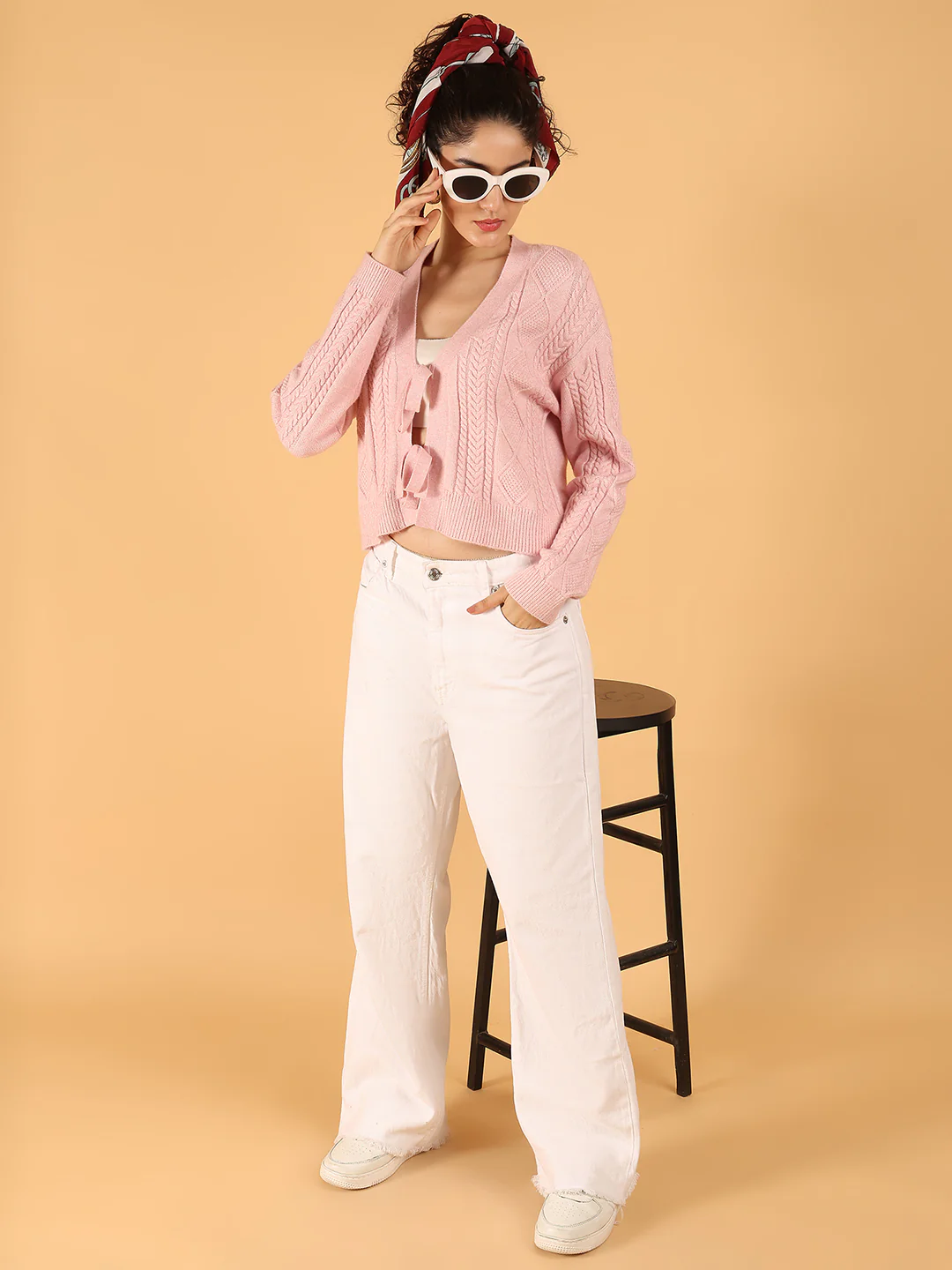 Women Pink Knit Cardigan with Bow-Tie Front - Image 3