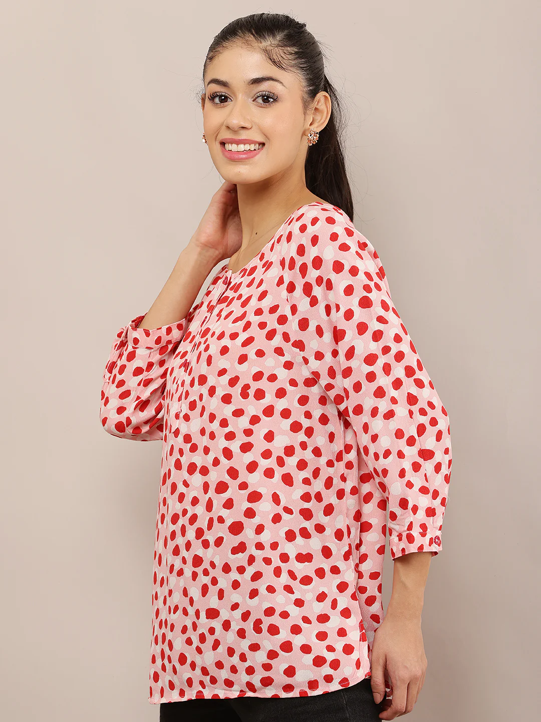 Women Pink Polka Dot Viscose Top - Image 2
