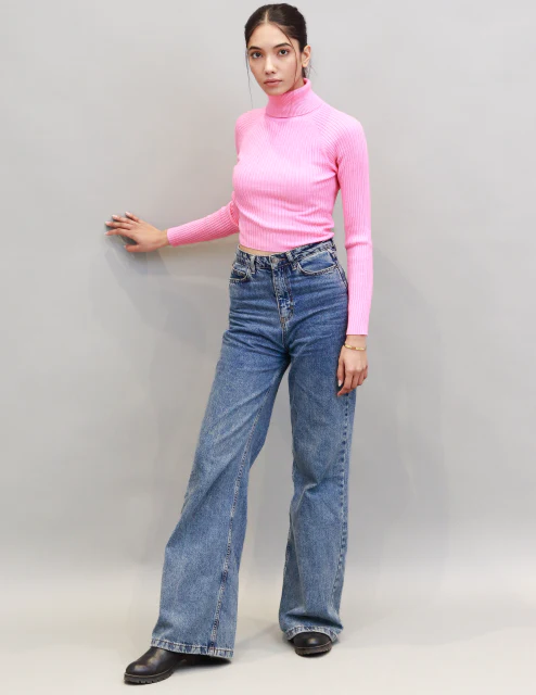 Women Pink Ribbed Pullover - Image 2