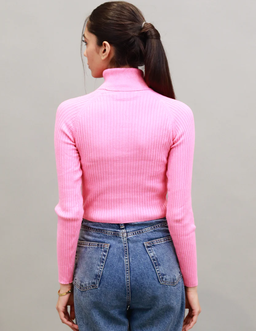 Women Pink Ribbed Pullover - Image 3