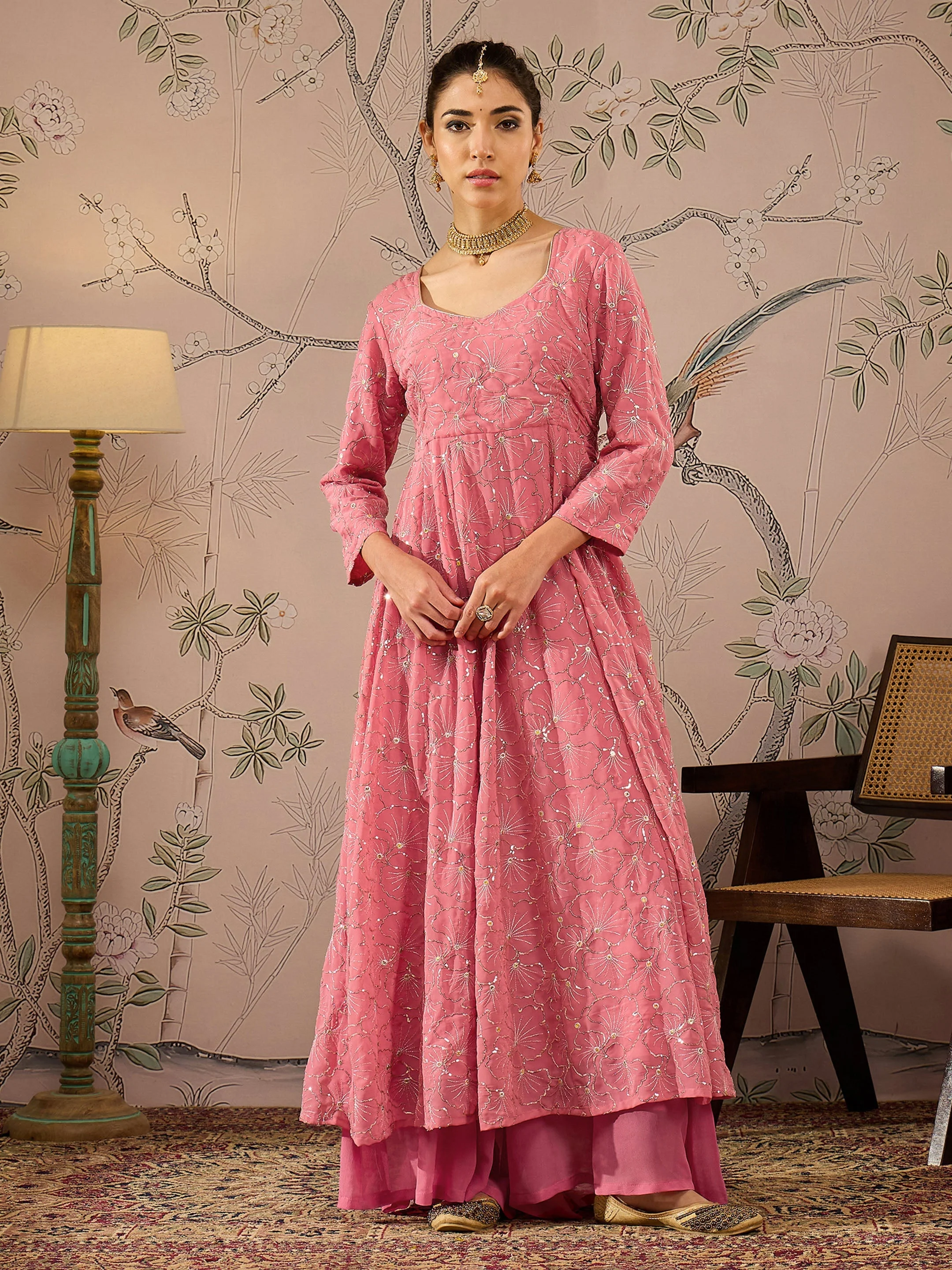 Women Pink Sequins Sweetheart Neck Anarkali Kurta