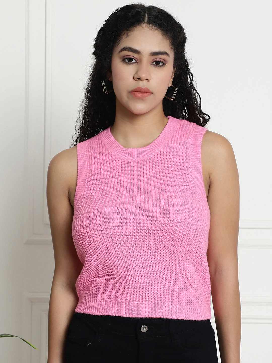Women Pink Tie Up Round Neck Top - Image 2