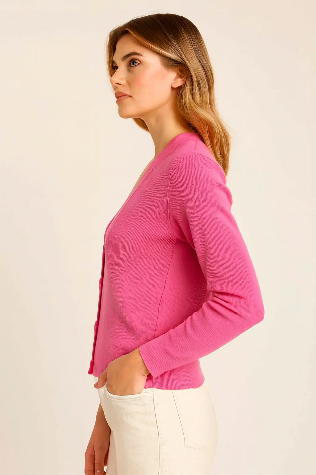 Women Pink V-Neck Button Down Sweater - Image 4