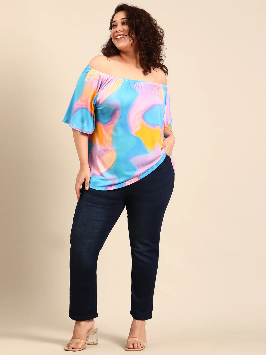 Women Plus Size Multi-color Off-shoulder Top - Image 4