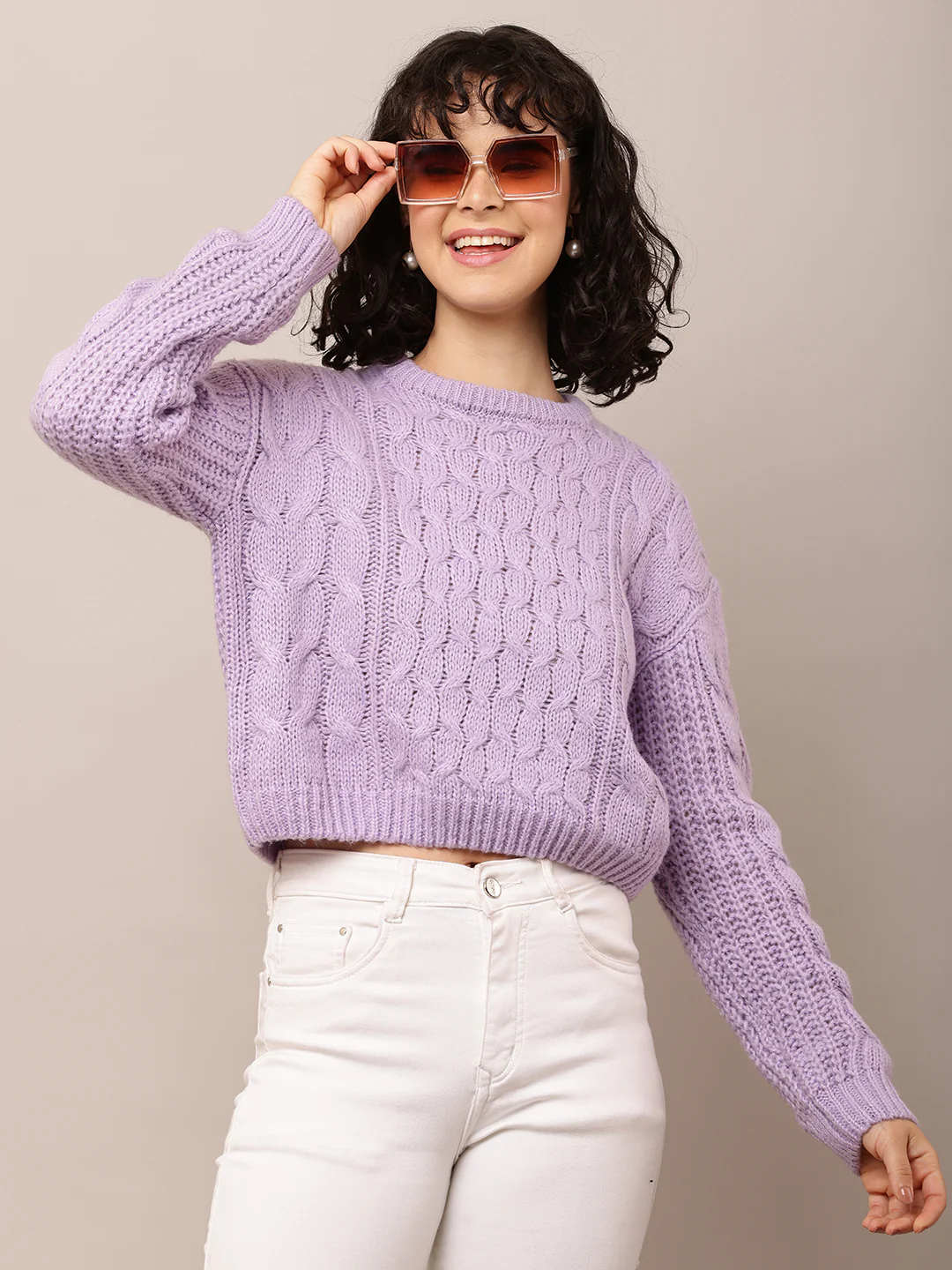 Women Purple Cable Knit Acrylic Sweater - Image 2