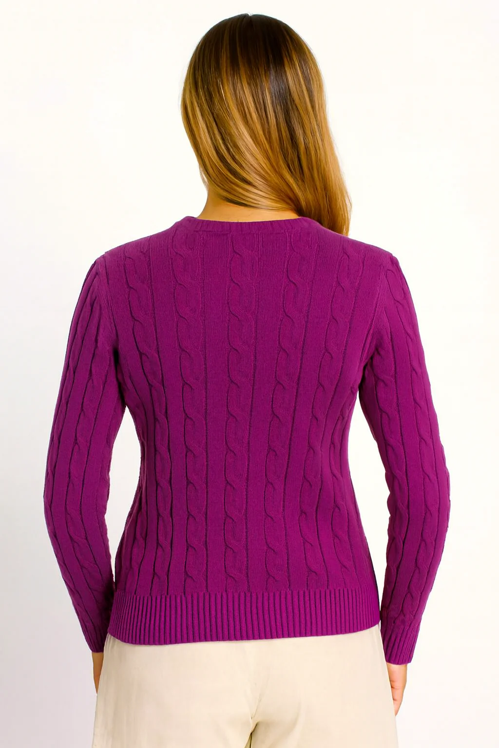 Women Purple Cable Knit Cotton Sweater - Image 4