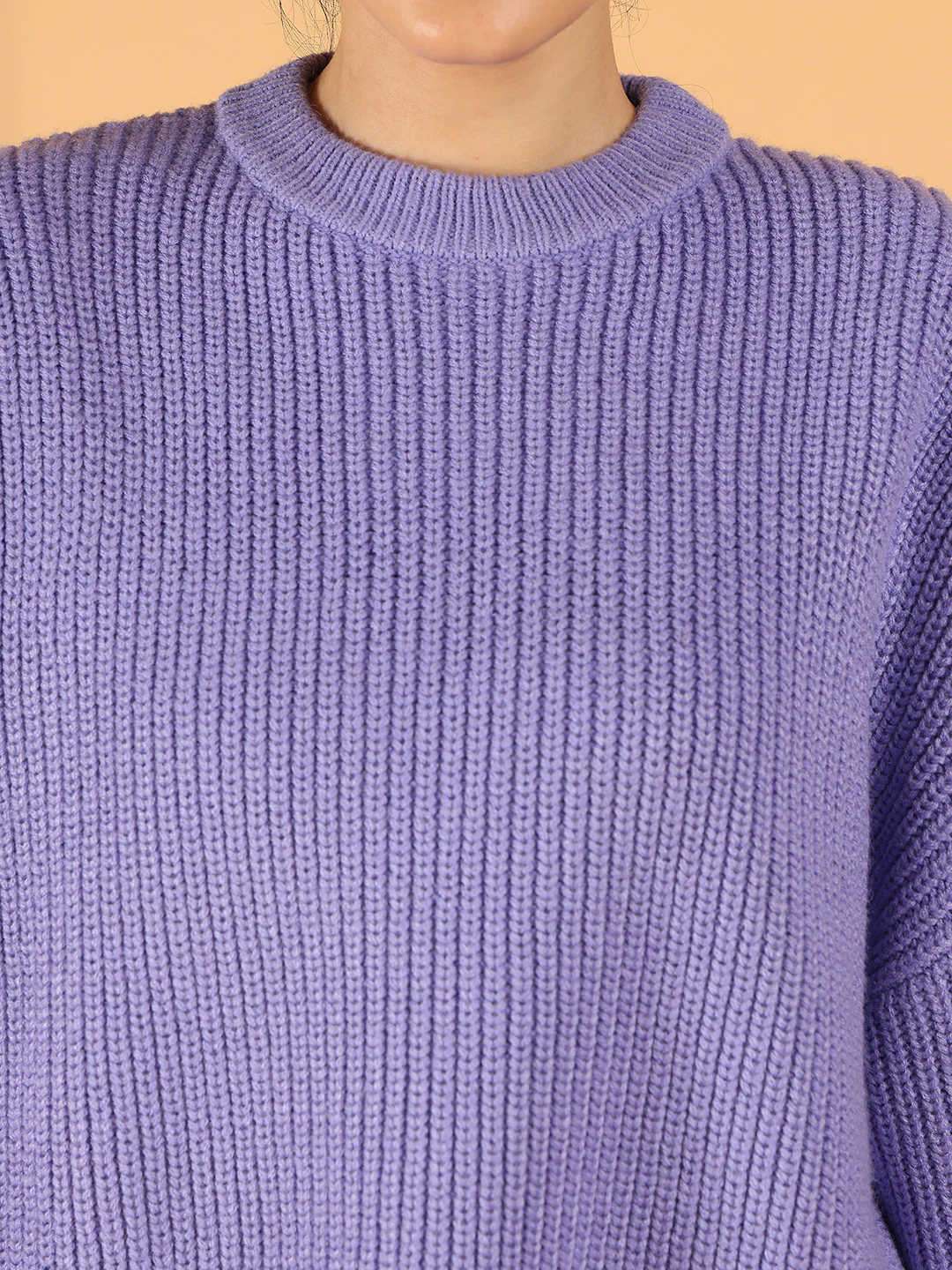 Women Purple Ribbed Relaxed Crew Neck Sweater - Image 5