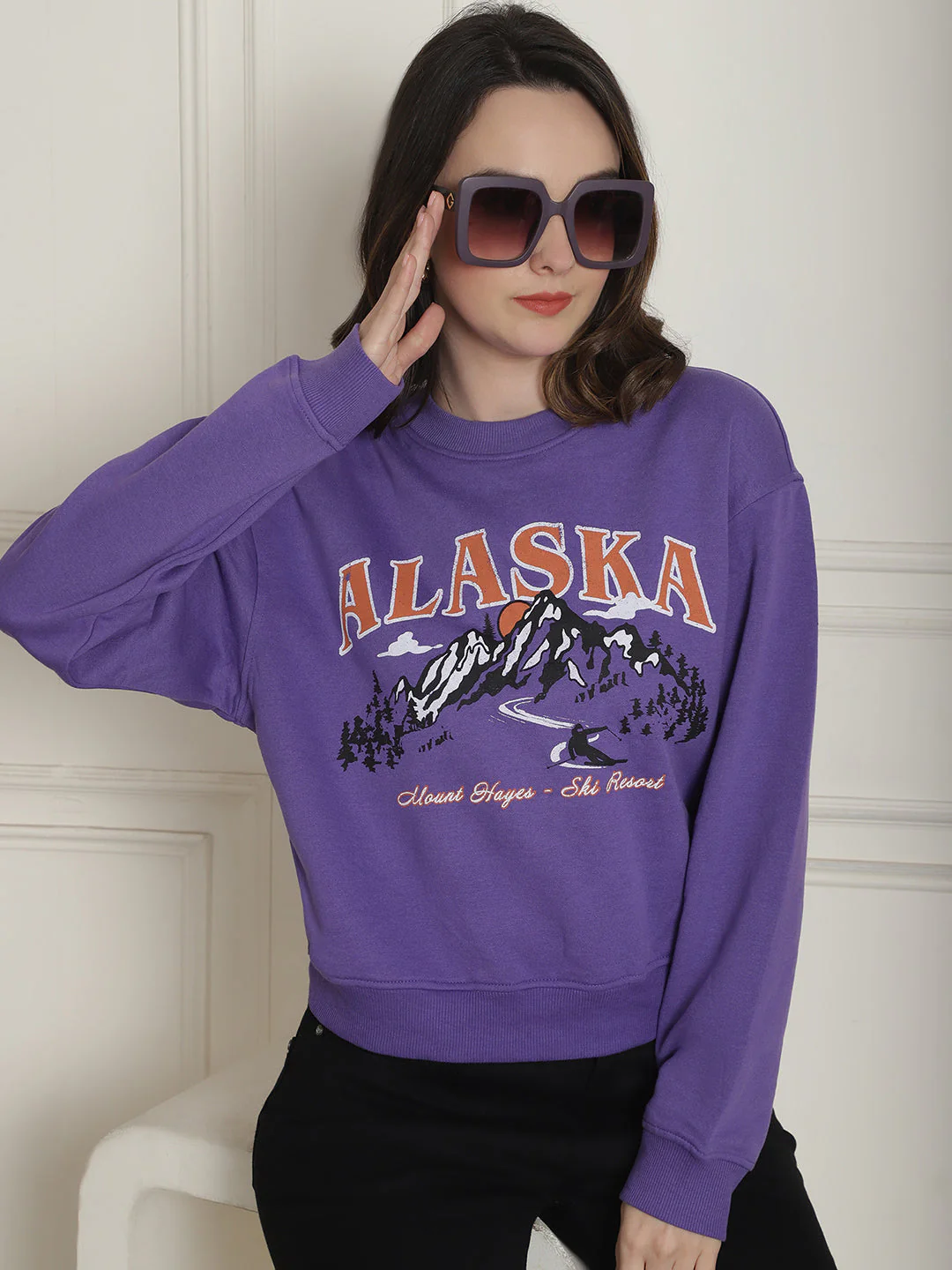 Women Purple Round Neck Sweatshirt - Image 2