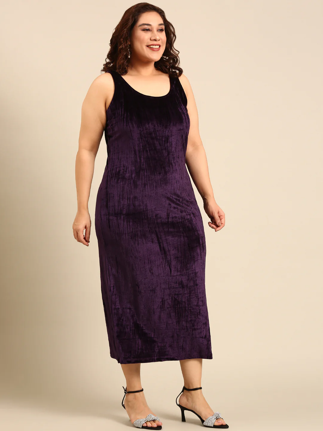 Women Purple Velvet Sleeve-less Dress - Image 3