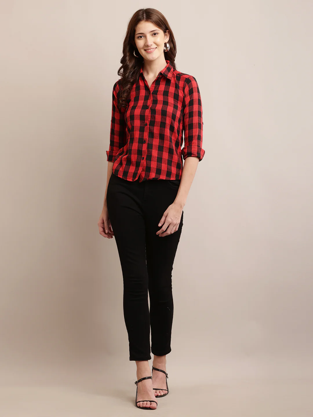 Women Red & Black Checked Shirt - Image 2
