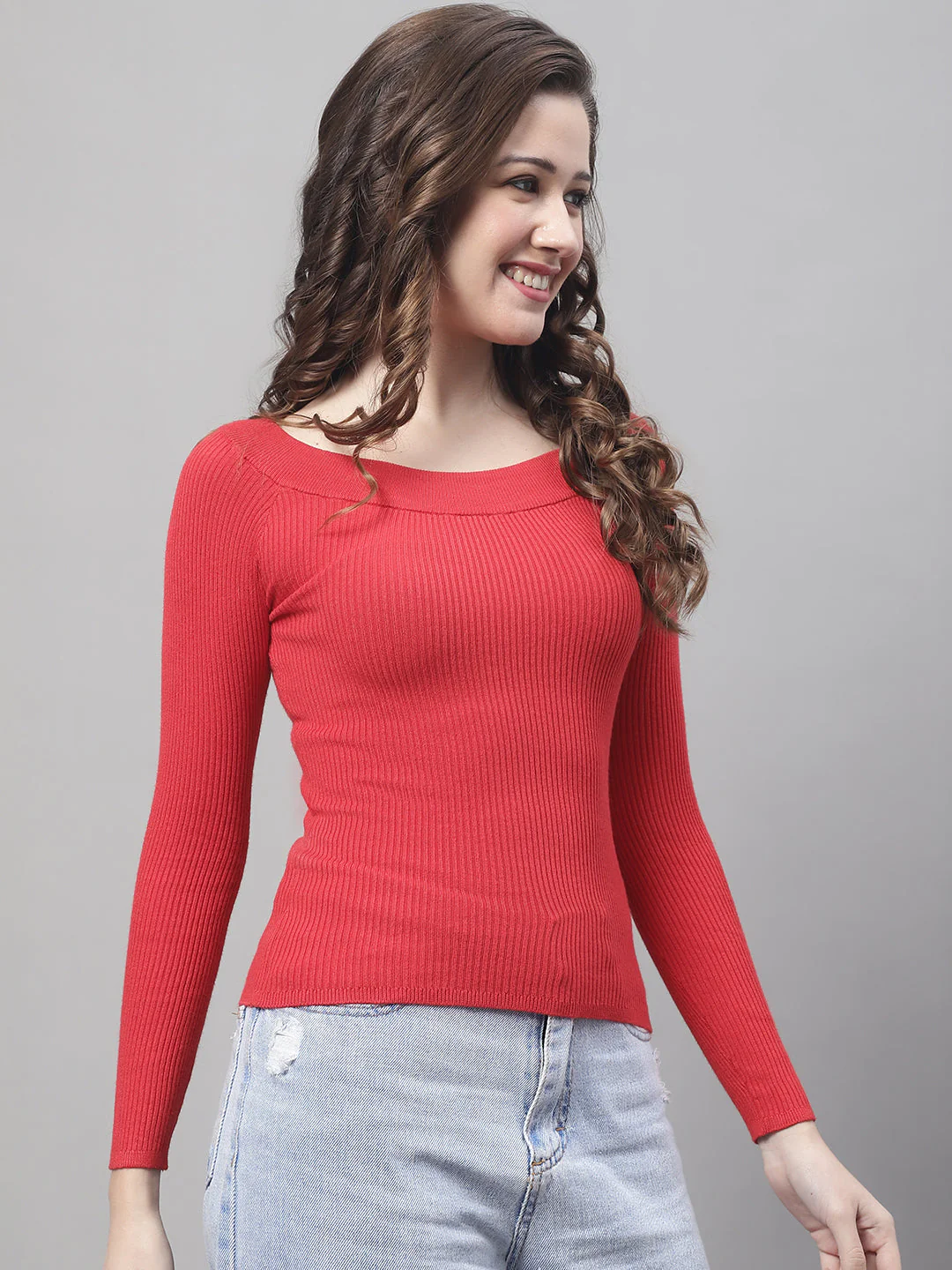 Women Red Boat Neck Top - Image 4
