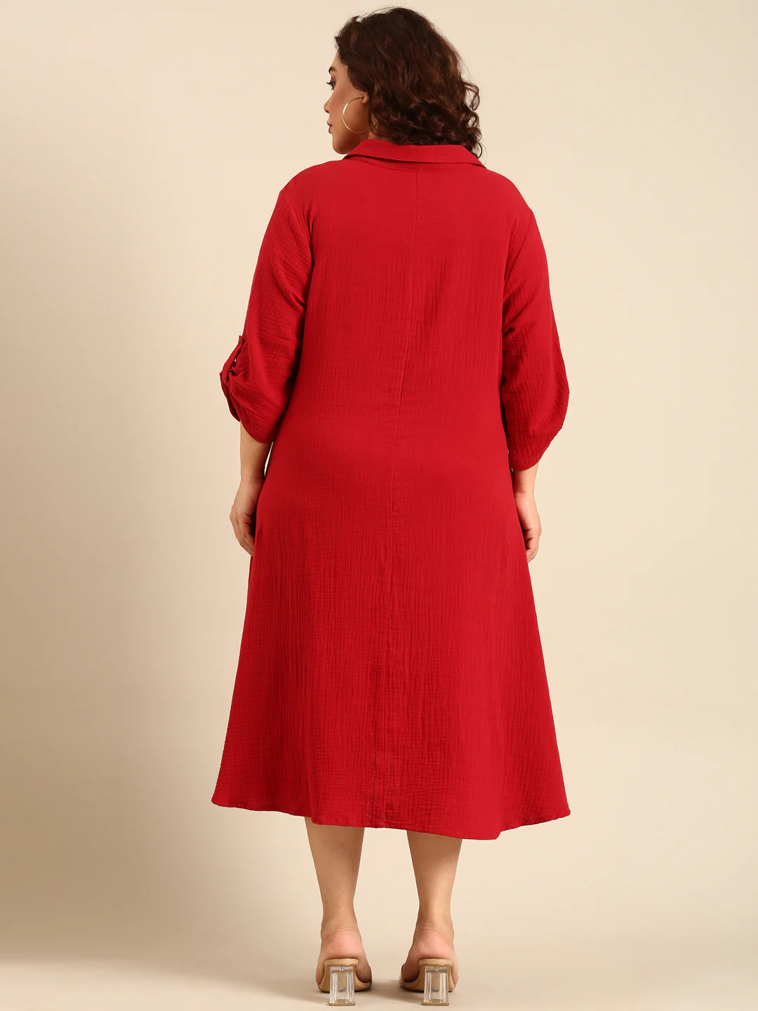 Women Red Cotton A-Line Shirt Dress - Image 2