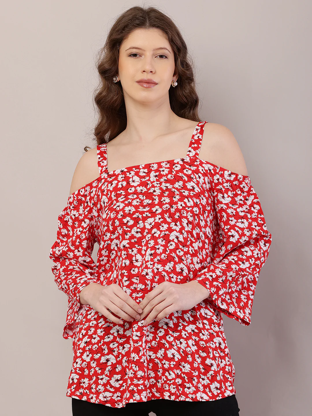Women Red Floral Cold Shoulder Rayon Top