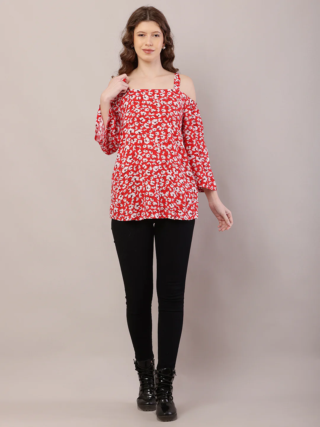 Women Red Floral Cold Shoulder Rayon Top - Image 3
