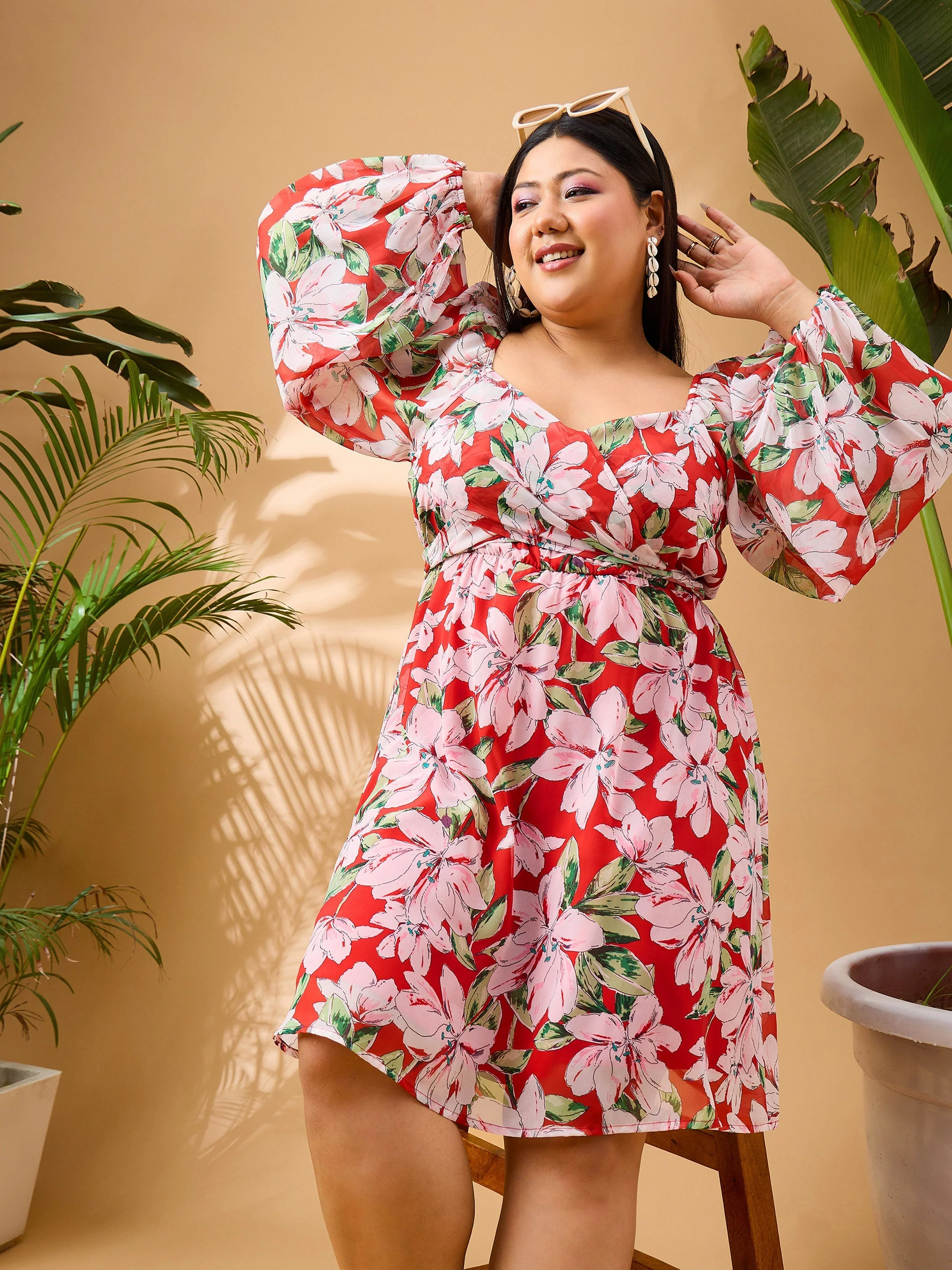 Women Red Floral Skater Dress
