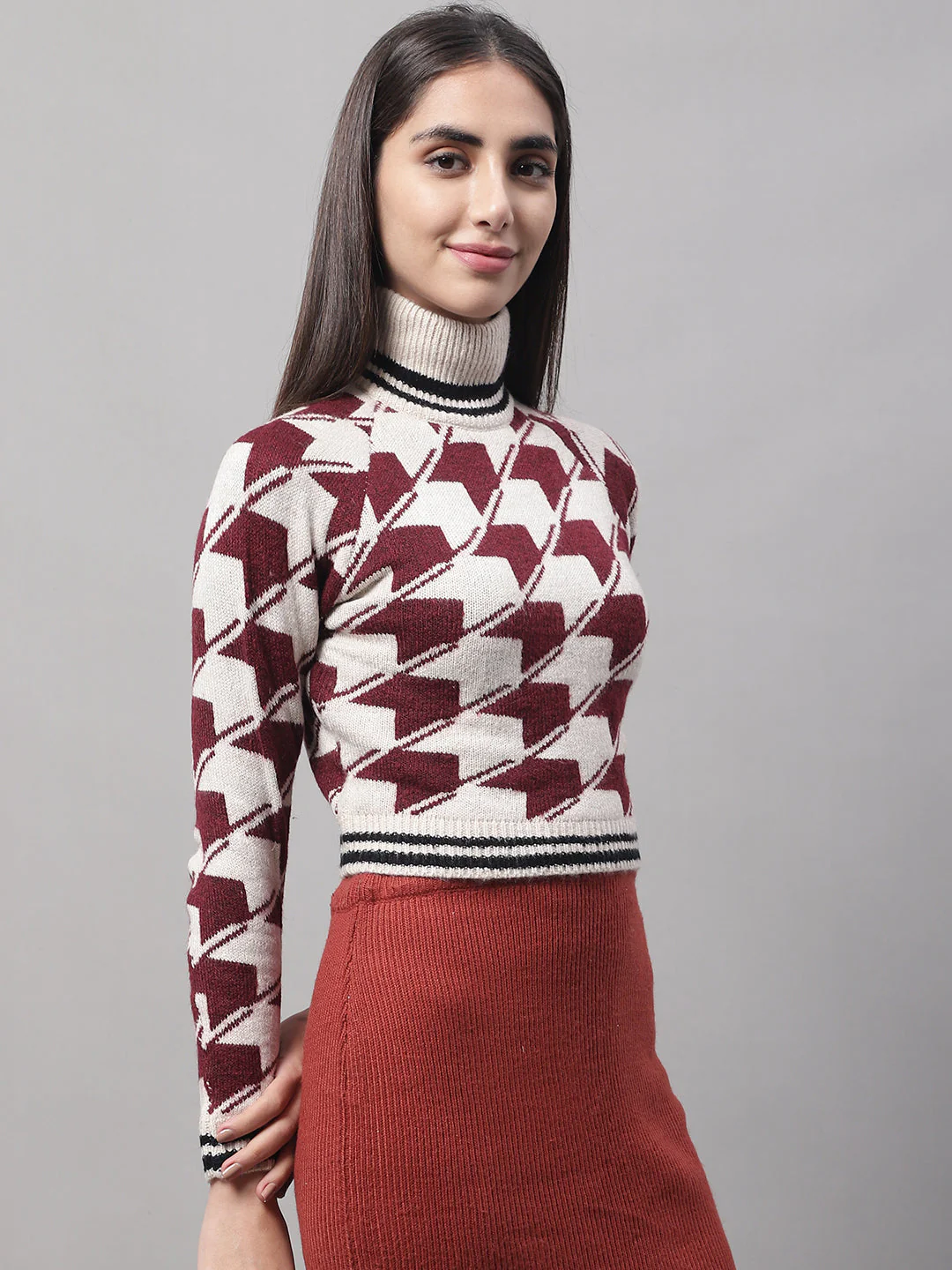 Women Red High Neck Sweater - Image 3