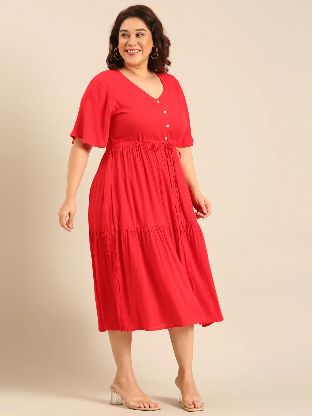 Women Red Midi Dress - Image 3