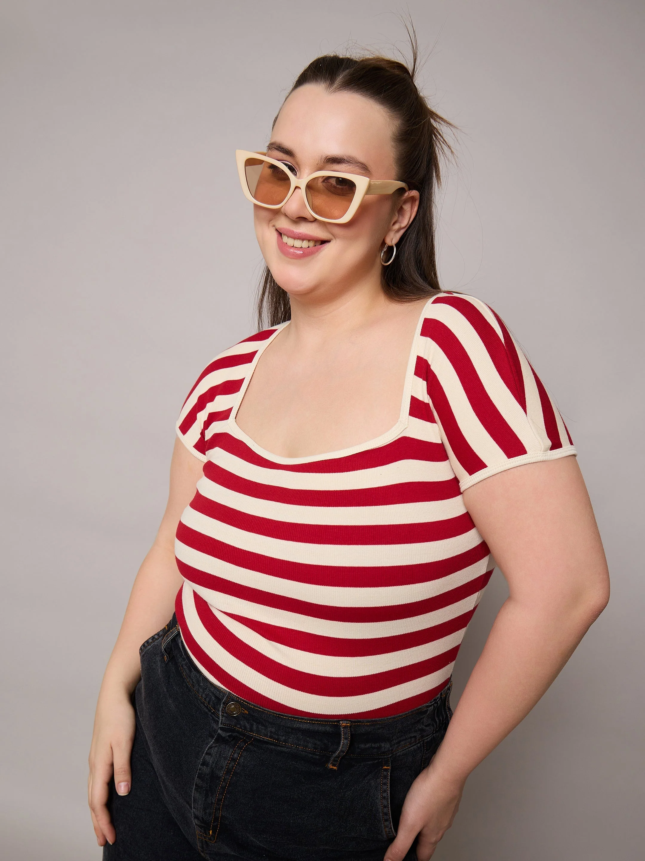 Women Red & Off White Rib Stripe Square Neck Top