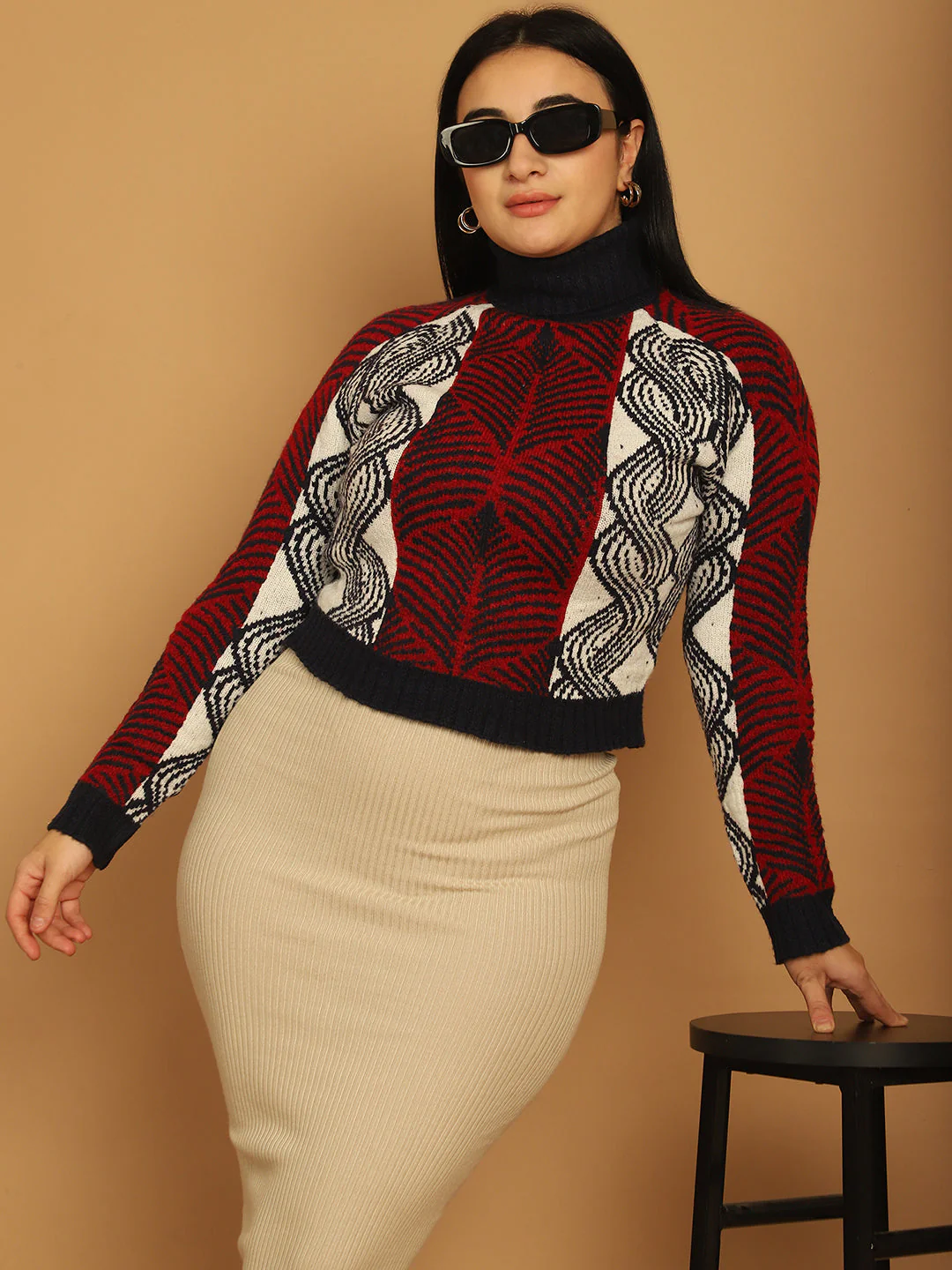 Women Red Printed Sweater - Image 2