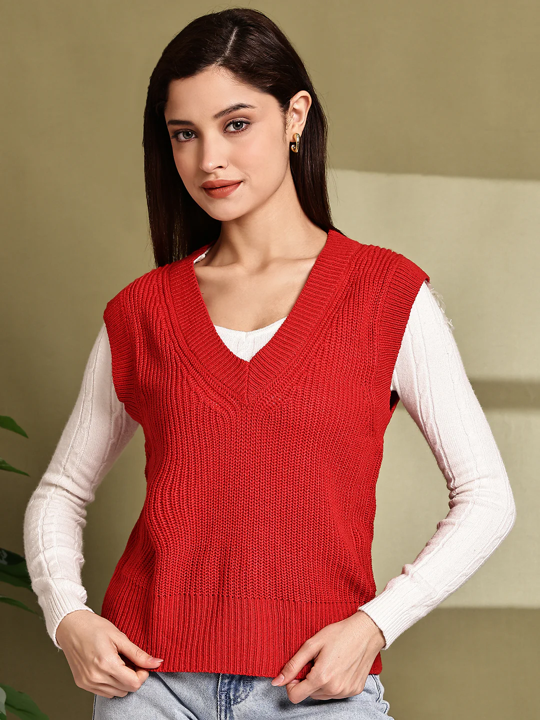 Women Red Sleeveless Sweater Vest - Image 2