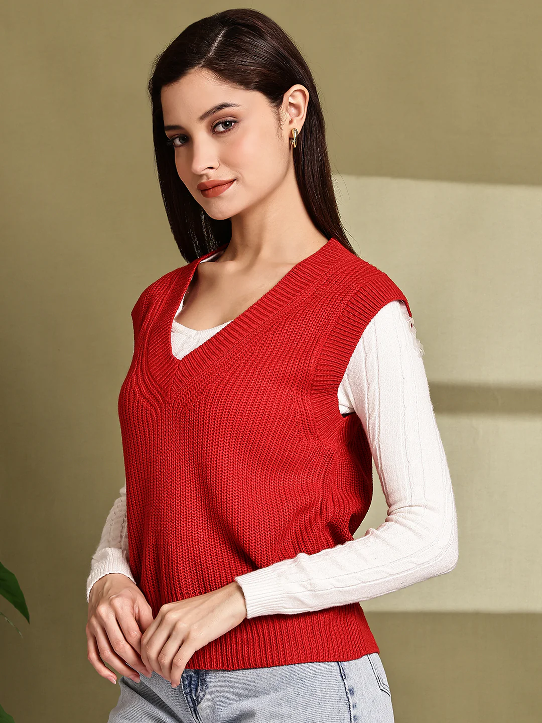 Women Red Sleeveless Sweater Vest - Image 5