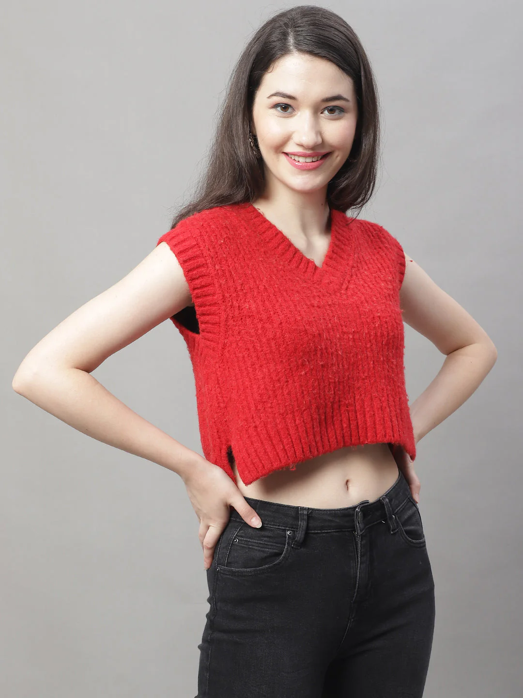 Women Red V Neck Sweater - Image 3