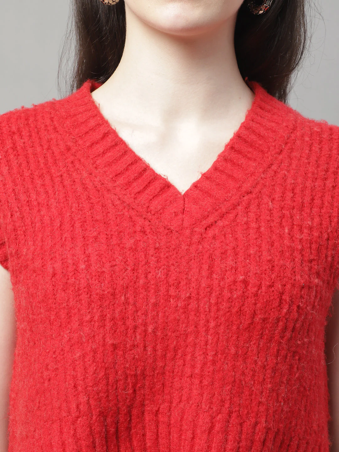 Women Red V Neck Sweater - Image 5