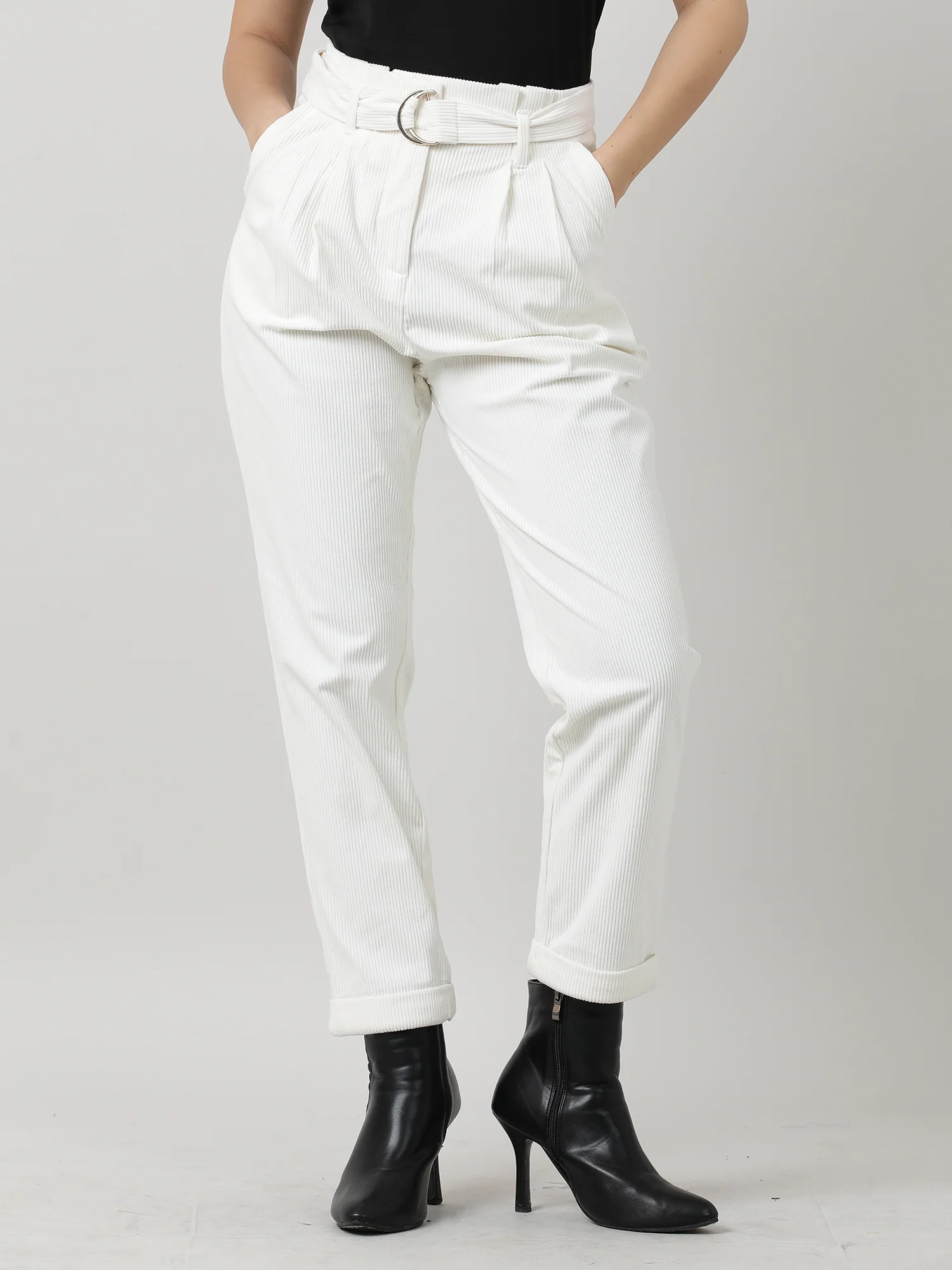 Women Regular Fit Cream Ribbed Pants With Belt