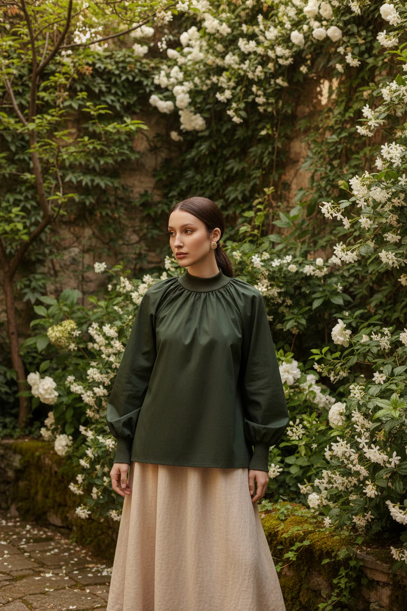 Women Regular Fit Green High Neck Top With Puffed Sleeves - Image 2