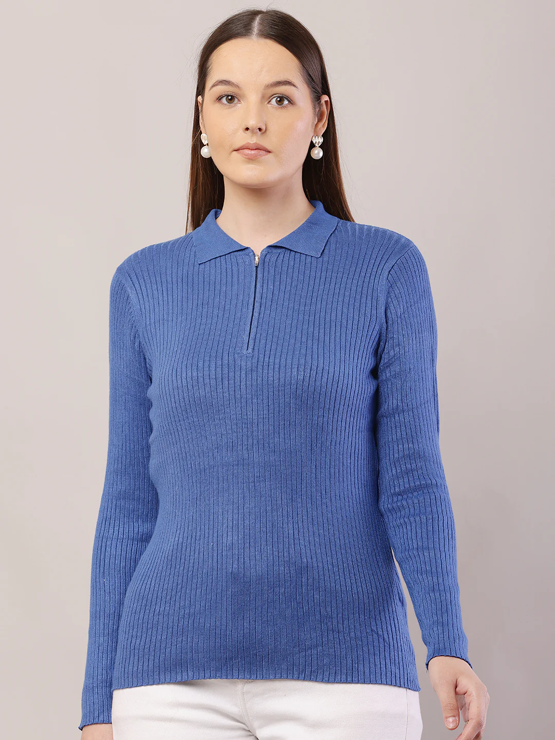 Women Ribbed Blue Sweater
