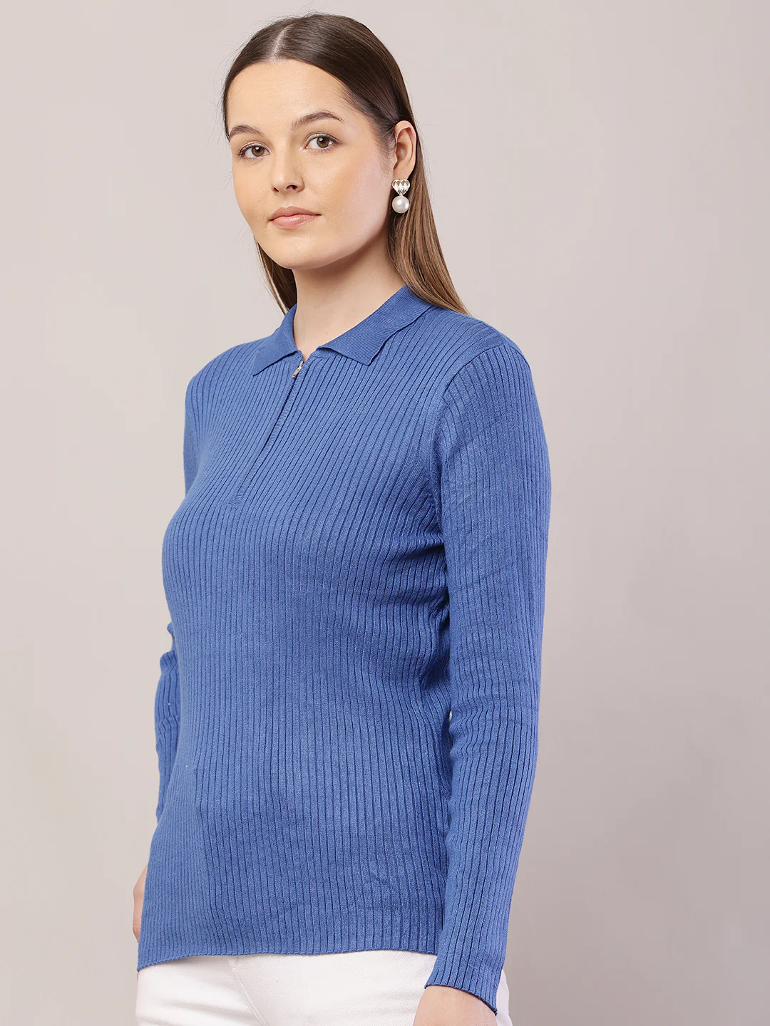 Women Ribbed Blue Sweater - Image 2